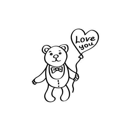 Cute bear with a balloon. Love confession Doodle illustration. Valentines day vector design element for greeting cards, invitations. Black outline isolated on a white backgroundのイラスト素材