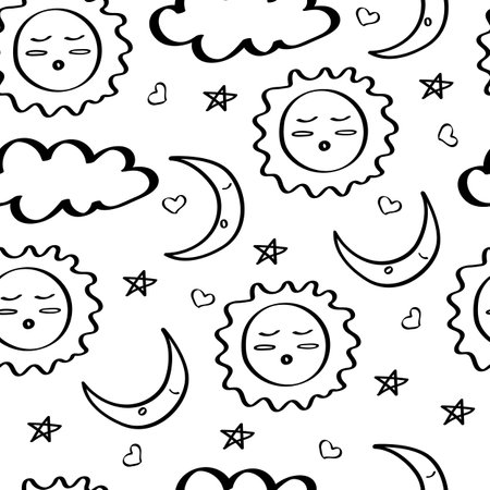 Good night doodle pattern. Time to go to bed. Seamless background with sleeping month and sun, clouds and stars. Black outline on a white background. For fabric, wallpaper, and childrens textilesのイラスト素材