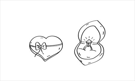 A hand-drawn box with a wedding ring. Diamond ring in box doodle illustration. Vector element of Valentines Day design, wedding card design. Black outline isolated on a white backgroundのイラスト素材