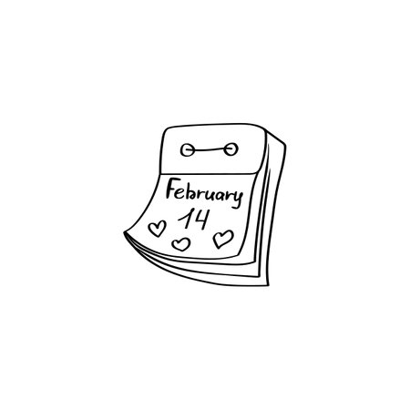 Tear-off calendar with a holiday date of February 14. Date of Valentines day. Doodle element. Hand-drawn vector calendar. Simple linear style. Black outline isolated on a white backgroundのイラスト素材