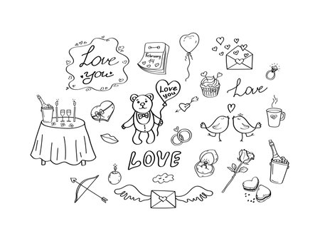 Valentines Day doodle set. Collection hand-drawn vector elements for wedding or Valentines Day design. Hearts, bear, rose, wedding ring and other romantic elements. Black outline isolatedのイラスト素材