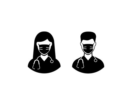 Male and female doctors in protective masks with a stethoscopes on whiteのイラスト素材