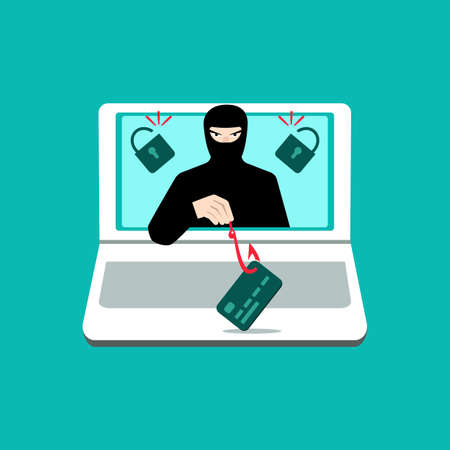 A computer hacker who steals money from bank accounts. Web crime with password hacking. The concept of phishing, hacker attacks, online fraud, and web protection. Vector illustrationのイラスト素材
