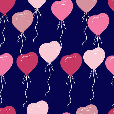 Valentines Day doodle seamless pattern. Romantic hand-drawn blue background with pink balloons. Ideal for wrapping paper, textiles, wallpaper, wedding design. Vector illustrationのイラスト素材