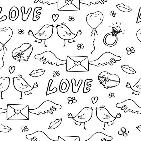 Valentines Day doodle seamless pattern. Black outline on a white. Romantic hand-drawn background. Ideal for wrapping paper, textiles, wallpaper, invitation cards, wedding design. Vectorのイラスト素材