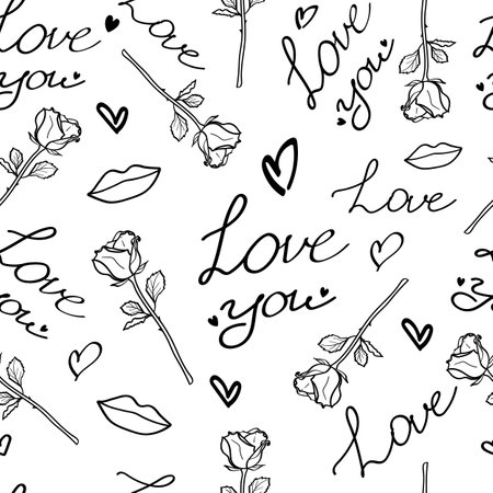 Valentines Day doodle seamless pattern. Romantic hand-drawn background. Ideal for wrapping paper, textiles, wallpaper, invitation cards, wedding design. Vector illustrationのイラスト素材