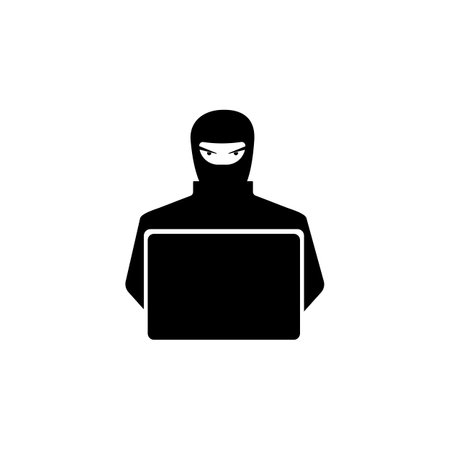 Hacker with a laptop vector solid black icon. A symbol of Cybercrime. Password hacking and identity theft, software errors, viruses and spam. The concept of phishing, Online fraud, and web protectionのイラスト素材