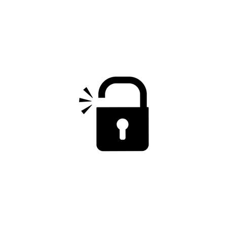 An open lock. Open padlock. A symbol of broken web protection, hacker attack, cyber crime. Solid black vector icon isolated on a white backgroundのイラスト素材
