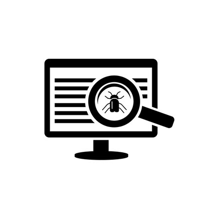 Errors in the software. Search for bugs and viruses in the program code. Testing, software development. Solid black vector icon isolated on a white backgroundのイラスト素材