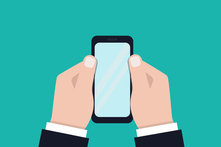 Hands holding a smartphone. Close-up of a blank mobile phone screen in the hands of a person on a green background. Using a mobile phone. Vector illustration in a flat styleのイラスト素材