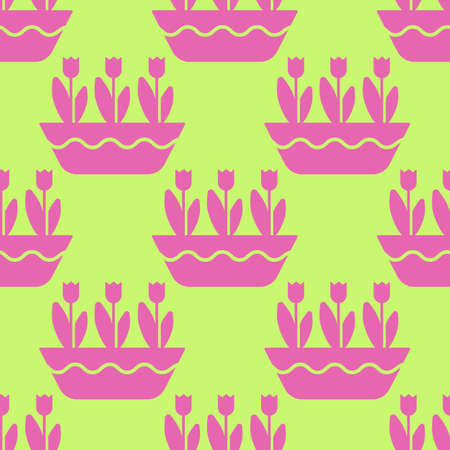Tulips in a horizontal pot seamless pattern. Pink flowers on a green background. The symbol of a garden or farm. Vector spring backgroundのイラスト素材