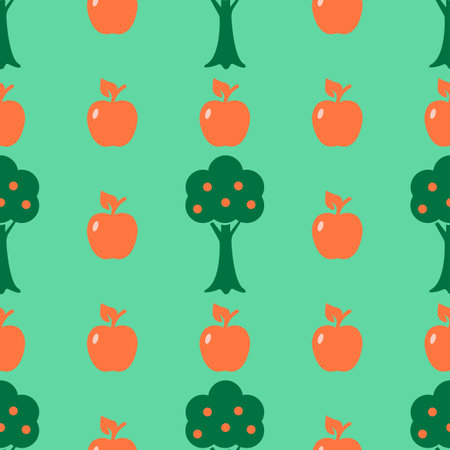 Apples are a seamless pattern. Orange apples and apple trees on a green background. Simple abstract vector background. For paper, cover, fabric, gift packagingのイラスト素材