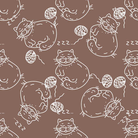 Seamless Doodle pattern with cats. Childrens hand-drawn background. White outline on a light brown background. Chalk vector Illustration. Ideal for textile design, wrapping paperのイラスト素材
