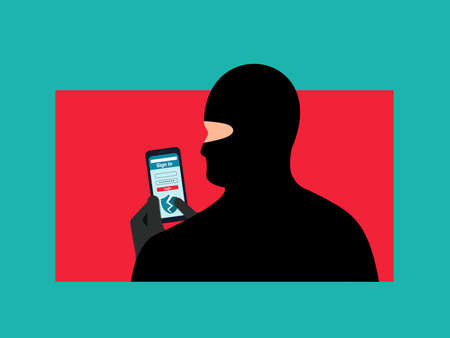 Hacking a users account. The fraudster is holding a smartphone with hacked security. Internet fraud. The hacker logs in with a stolen username and password. Access to users  personal data. Vectorのイラスト素材