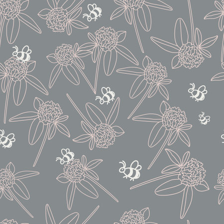 A hand-drawn floral pattern of clover and flying bees. Organic honey. Vector stylized floral background in doodle style. Beige flowers on a gray background. Ideal for fabric, home textilesのイラスト素材