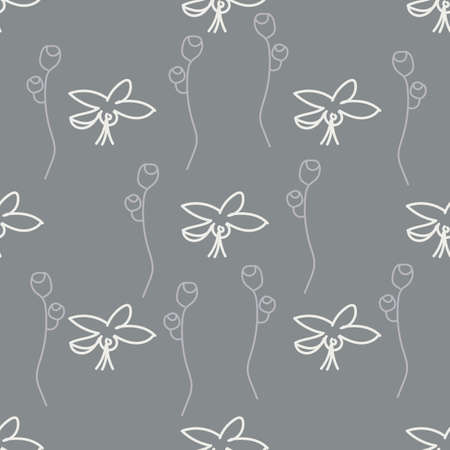 Hand-drawn floral background. Vector seamless pattern in doodle style. Light flowers on a grey backgroundのイラスト素材