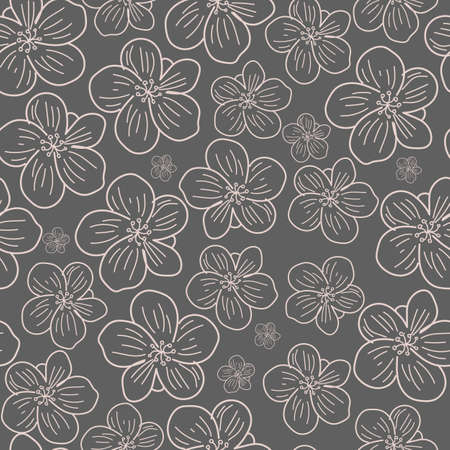 Hand-drawn floral background. Vector seamless pattern in doodle style. Beige flowers on a grey backgroundのイラスト素材