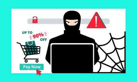 Fake phishing page of a scam website. A hacker who steals money from users who make online purchases. The Concept of Cybercrime, Online Fraud. Vector illustration in a flat style.のイラスト素材