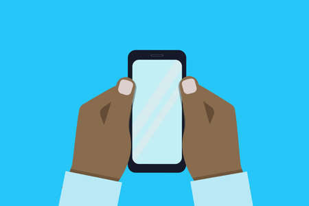 Hands holding a smartphone. Close-up of a blank mobile phone screen in the hands of an African-American man on a blue background. Using a mobile phone. Vector illustration in a flat styleのイラスト素材