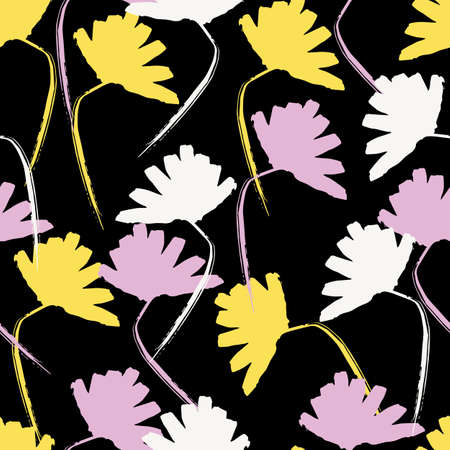 Hand-drawn floral background. Vector seamless pattern in doodle style. Light gray, white, and orange leaves on a gray-green background.のイラスト素材