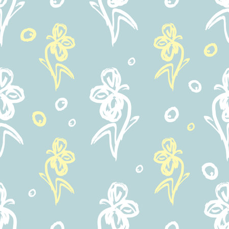 Hand-drawn floral background. Vector seamless pattern in doodle style. White and yellow flowers on a gray background.のイラスト素材