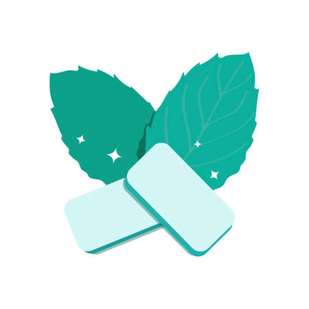 Mint-flavored gum pads. Fresh green mint leaves. Product for fresh breath. Chewing gum for healthy teeth and oral hygiene. Vector illustration isolated on a white backgroundのイラスト素材