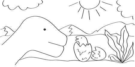 A dinosaur with a baby in its egg. Coloring page for kids. A Diplodocus dinosaur. It can be used for childrens creativity and learning. Black outline isolated on a white background. Vectorのイラスト素材