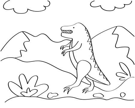 Dinosaur Hand-drawn coloring page for kids. The dinosaur is a Tyrannosaurus Rex. It can be used for childrens creativity and education. Black outline isolated on a white background.のイラスト素材