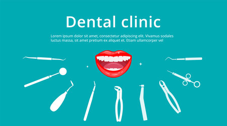 Dental clinic, dentistry, orthodontics banner. Open smiling female mouth with healthy white teeth surrounded by flat isolated icons. Dental tools and equipment background. Vector illustrationのイラスト素材