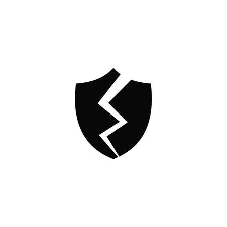 The security shield is split. The security system on the Internet is broken. A shield with a crack. Vector black solid icon isolated on a white backgroundのイラスト素材