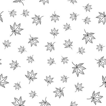 Hand-drawn floral background. Vector seamless pattern in doodle style. Maple leaves. Black outline on a white background. Ideal for fabric, home textilesのイラスト素材