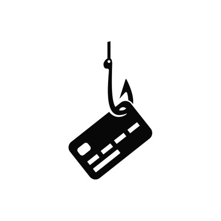 Financial fraud. A hacker attack on a bank card. Cyber crime. Hacking a bank account. The bank card is on the hook. Solid vector icon isolated on a white backgroundのイラスト素材