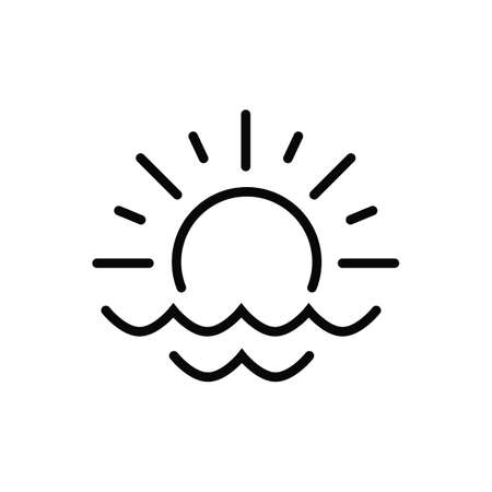 The sun in the sea. Sunrise or sunset. Black outline. Simple vector icon isolated on a white background. Element for the travel agency logo. A symbol of recreation, beach, travel, climate, weatherのイラスト素材