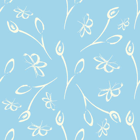 Hand-drawn floral background. Vector seamless pattern in doodle style. White flowers, leaves and butterflies on a blue background.のイラスト素材