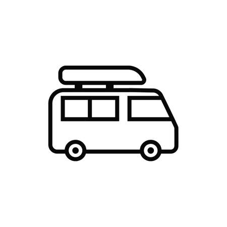A van for traveling, camping. Trailer for tourism, family holidays. Vector icon. Black outline isolated on a white backgroundのイラスト素材