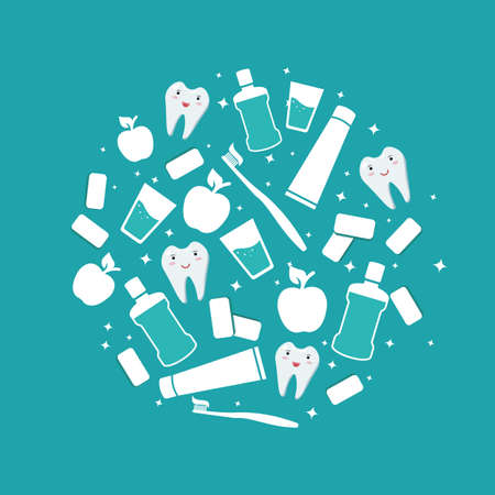 Oral care. Dental banner. Items for daily oral hygiene. Mouthwash and toothbrush with paste, apple, chewing gum, white healthy teeth. For poster design.のイラスト素材