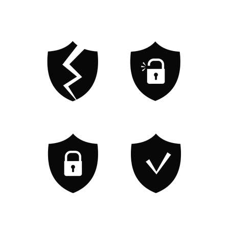 The security system on the Internet. A shield with a crack. A shield with a check mark icon. The shield is closed with a broken lock. A set of vector black solid icons isolated on a white backgroundのイラスト素材