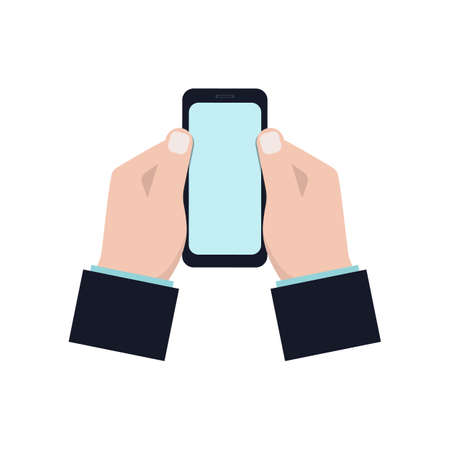 Hands holding a smartphone. Close-up of a blank mobile phone screen in the hands of a person on a white background. Using a mobile phone. Vector illustration in a flat style.のイラスト素材