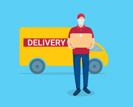 Delivery service. A courier in a medical mask holds a box with an order against the background of a cargo van. The concept of an online delivery service to your home and office. Vectorのイラスト素材