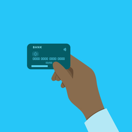 A hand holding a credit card. Close-up of an African-American mans hand with a bank card. The concept financial transactions, online shopping. Vectorのイラスト素材