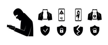 Phone fraud. Hacking the protection. Hacker attack. The concept of spam data, insecure connection, online fraud and malware through fake calls, phishing, social engineering. Set of vector iconsのイラスト素材