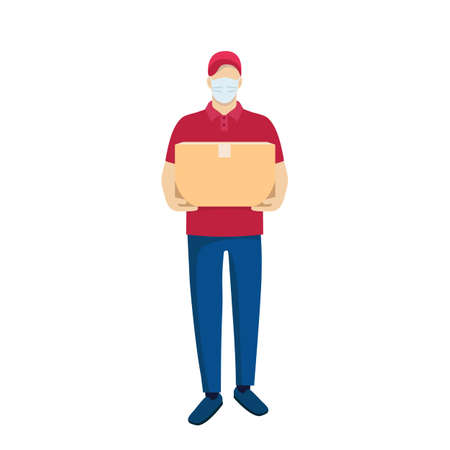 Delivery service. A courier in a medical mask holds a box with an order. The concept of an online delivery service to your home and office. Vector illustrationのイラスト素材