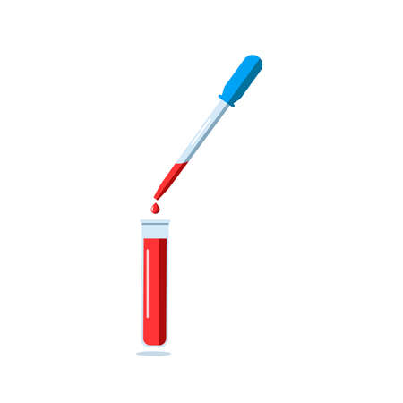 Medical test tube with blood samples and a pipette that takes blood for analysis. Laboratory testing for biochemistry and viruses. Blood donation. Vector illustration isolated on a white background.のイラスト素材