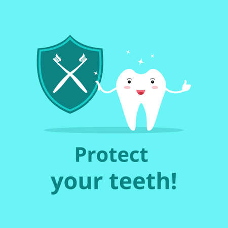 A cute healthy white smiling tooth holds a shield. The concept of protecting the health of teeth and oral cavity. Pediatric dentistry. Poster design for a childrens dental clinic. Vectorのイラスト素材