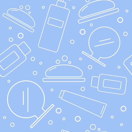 Bathroom accessories seamless pattern. Bathroom texture. Blue background of white vector icons of hygiene soap, cream, lotion, mirror and soap bubblesのイラスト素材