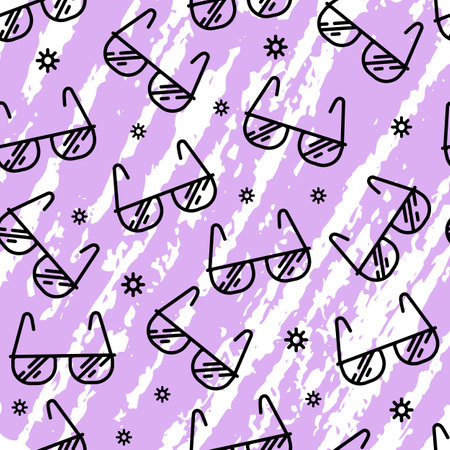 Sunglasses, eye glasses seamless vector pattern. Black outline. Purple texture glasses. Simple fashion background. Ideal for the design of textiles, wrapping paperのイラスト素材