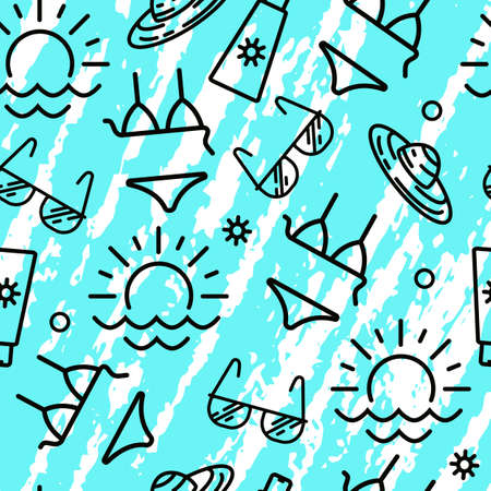Relaxing on the beach seamless vector pattern. Summer background. Sunglasses, straw hat, sun and sea, sunscreen, bikini. Black outline. Blue texture. Ideal for the design of textiles, wrapping paperのイラスト素材