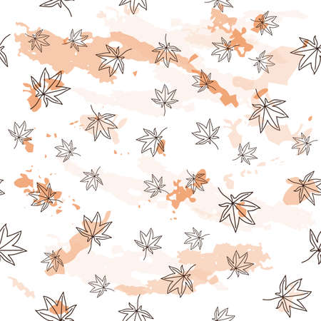 Autumn background. Maple leaves. Hand-drawn floral background. Beige Autumn texture. Vector seamless pattern in doodle style. Black outline. Ideal for fabric, home textilesのイラスト素材
