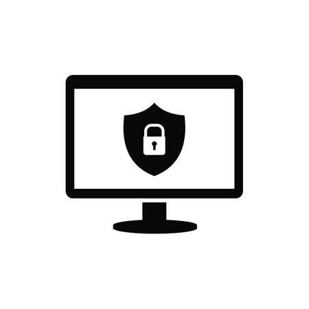 A computer and a shield with an lock on the screen. The concept of the protection of users and confidential information on the Internet. Solid black vector iconのイラスト素材