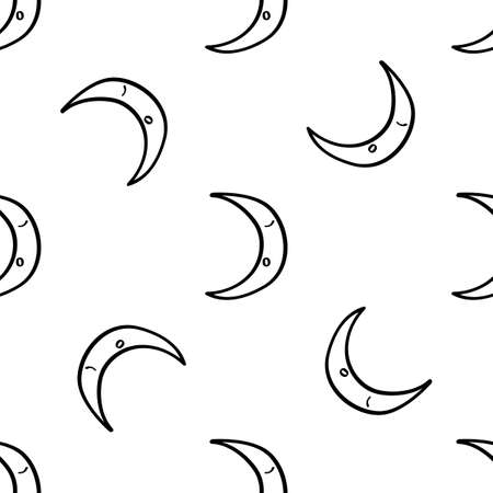 Good night doodle pattern. Time to go to bed. Seamless background with sleeping month. Black outline on a white background. For fabric, wallpaper, and childrens textilesのイラスト素材